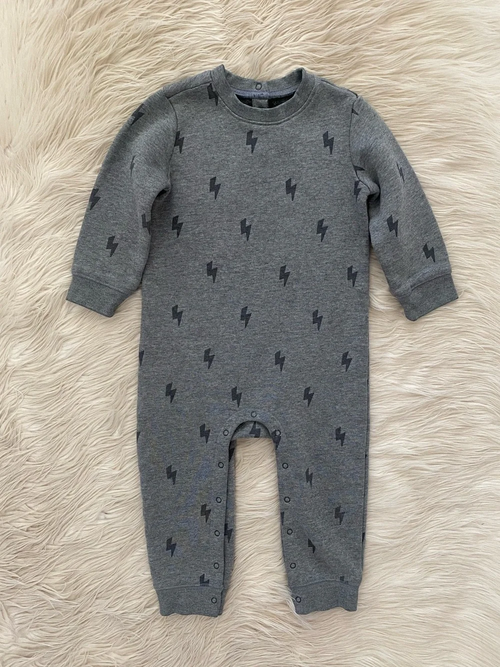 Primary Baby Cozy Fleece Sweatshirt Romper Gray Mini Bolts One Piece 18-24 Month